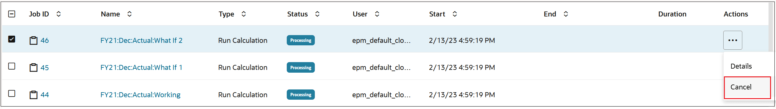 Jobs Console with Cancel selected for a Processing job Jobs Console with Cancel selected for a Processing job
