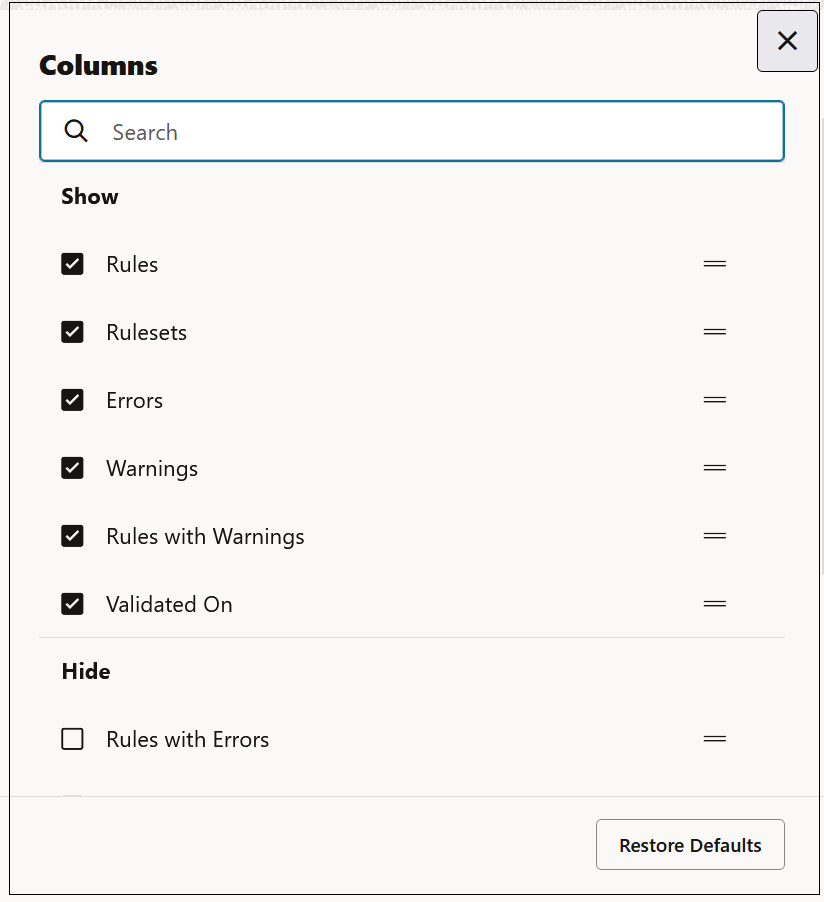 Columns dialog box showing the columns to display on the Models page