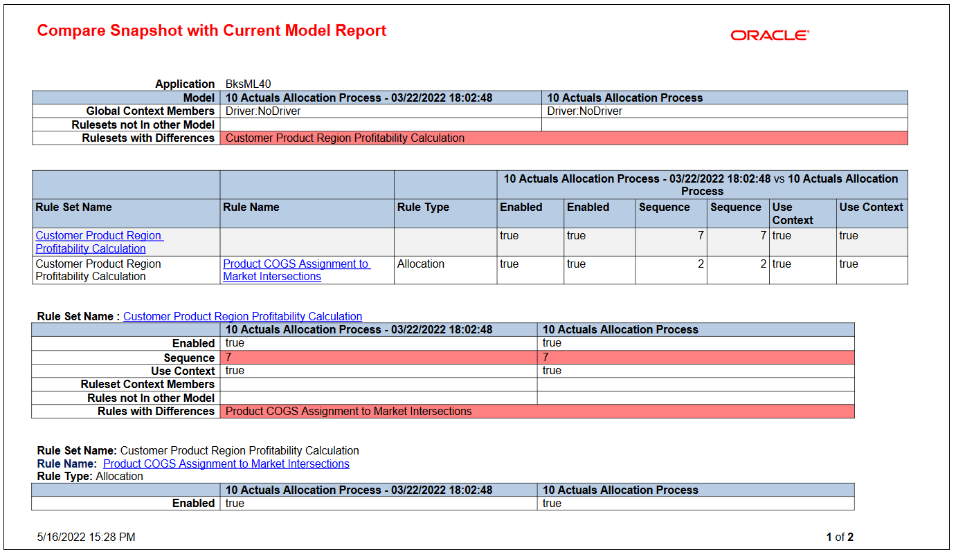 Sample Compare Snapshot with Current Model report