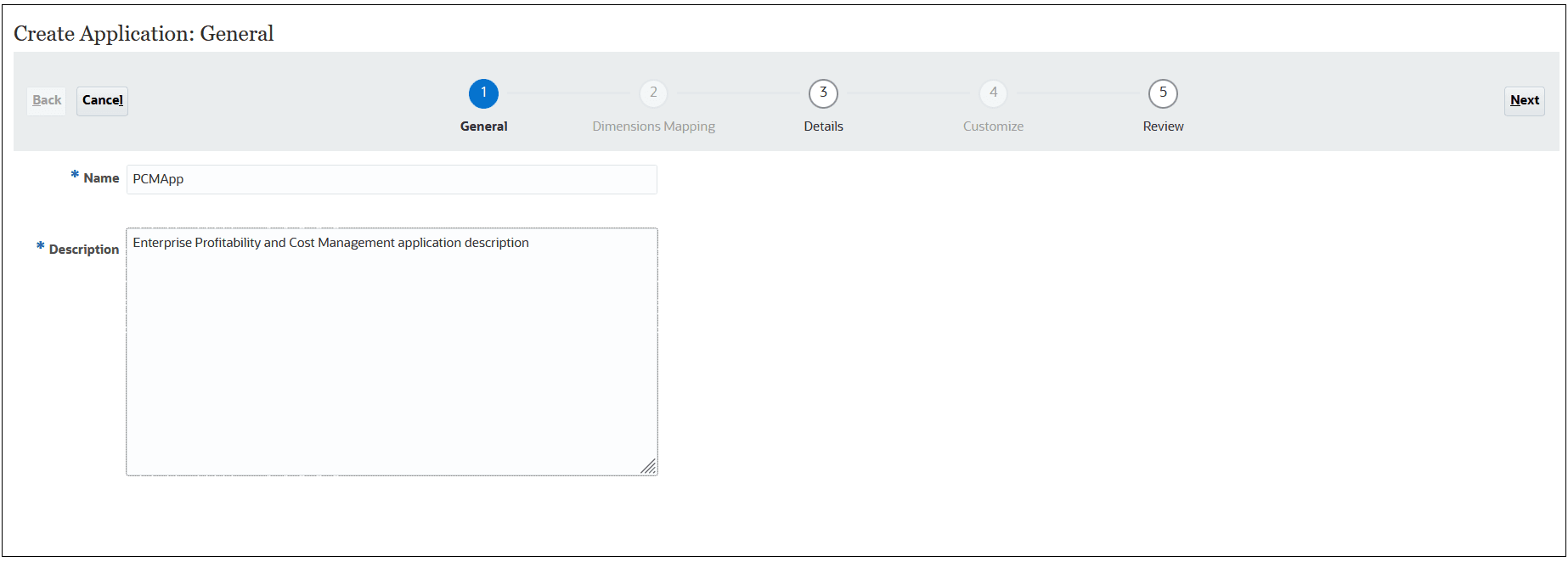 Create Application: General page