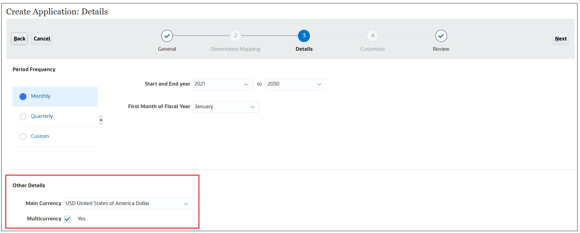 Create Application Details screen with the Currency options selected