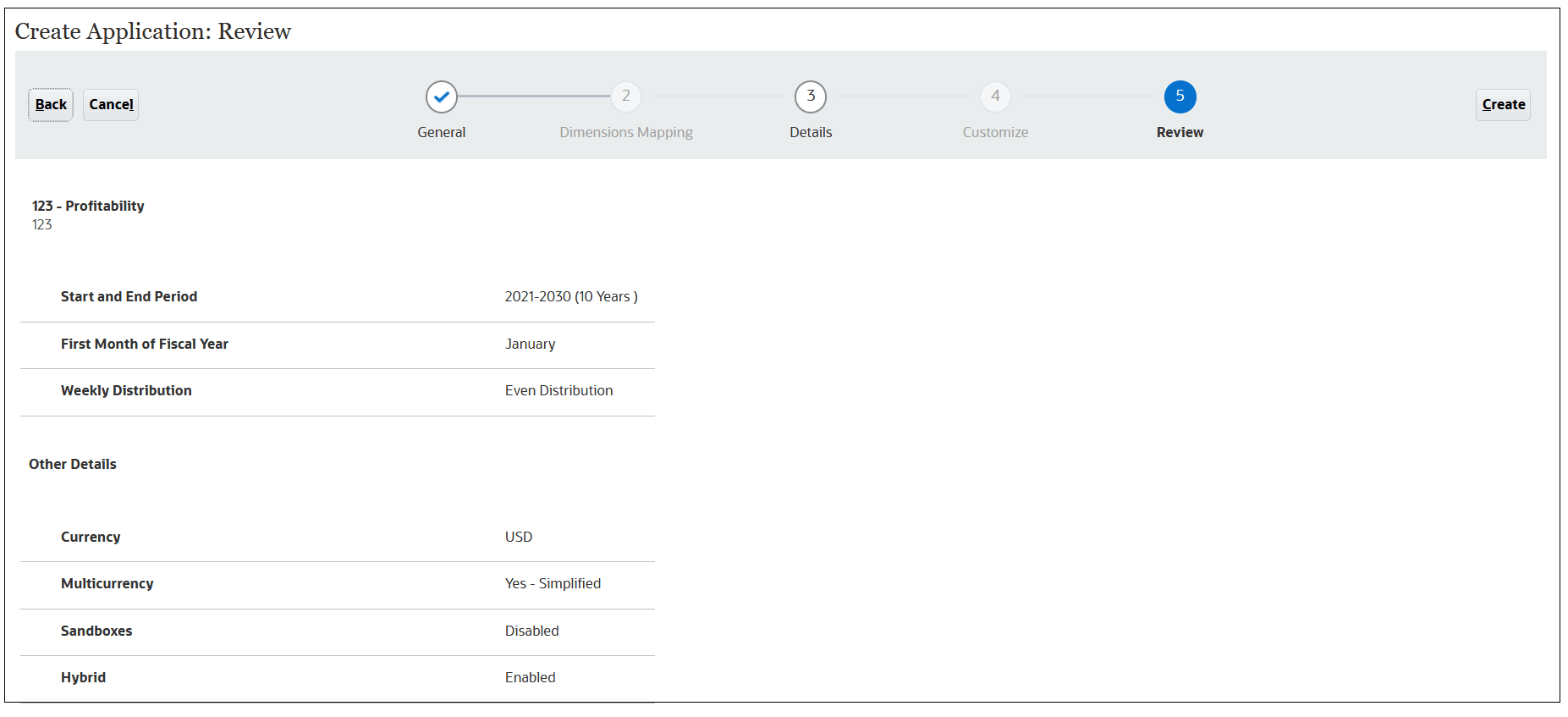 Create Application: Reivew screen