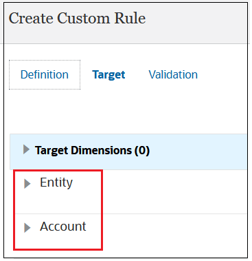 Create Custom Rule page with Entity and Account displayed Create Custom Rule page with Entity and Account displayed