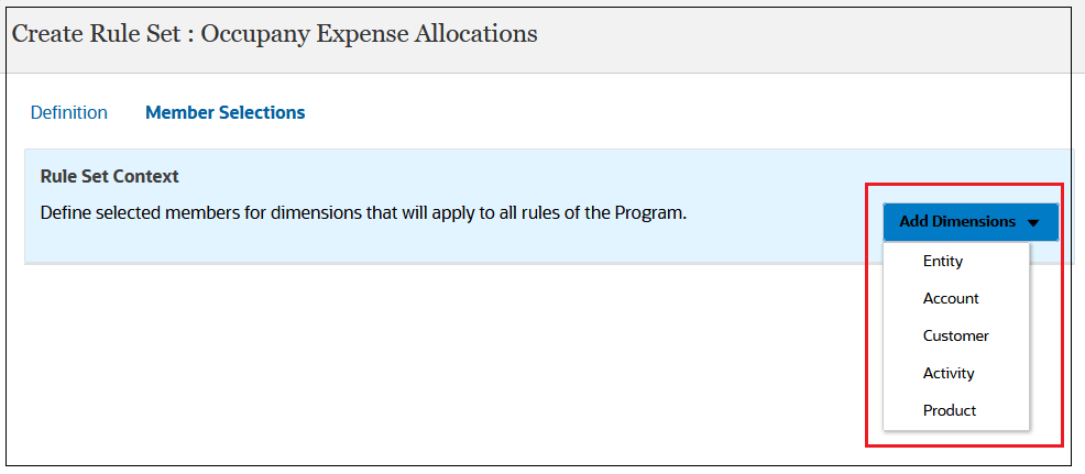 Create Rule Set page with Entity, Account, Customer, Activity, and Product displayed in the drop-down Create Rule Set page with Entity, Account, Customer, Activity, and Product displayed in the drop-down