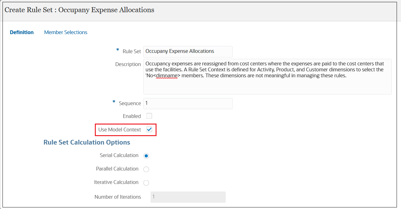 Create Rule Set page for Occupancy Expense Allocations with Use Model Context selected Create Rule Set page for Occupancy Expense Allocations with Use Model Context selected