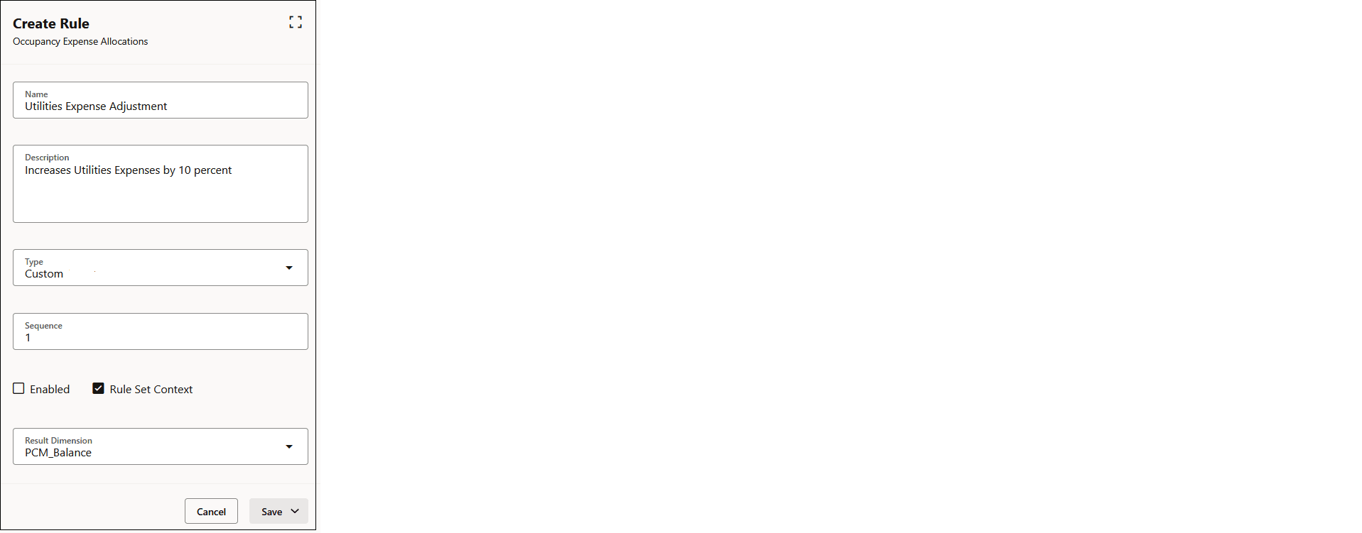 Definition for the Rent and Utilites Expense Adjustment rule in the Occupancy Expense Allocations rule set