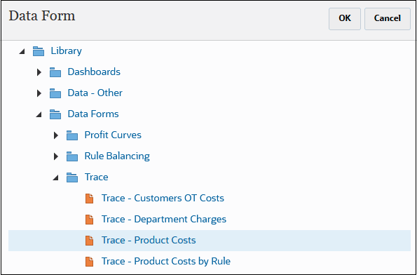 Data Form dialog box with Trace - Product Costs selected