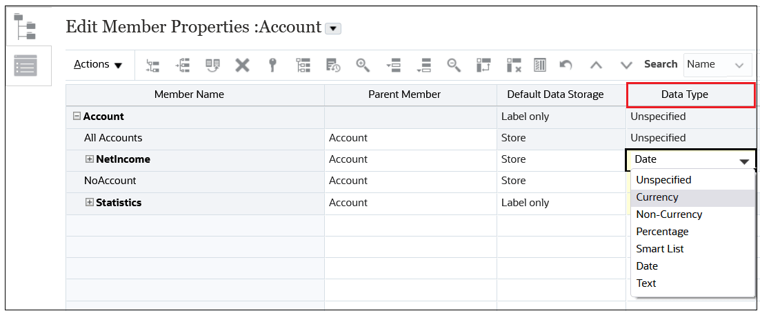Edit Member Properties page with Data Type selected
