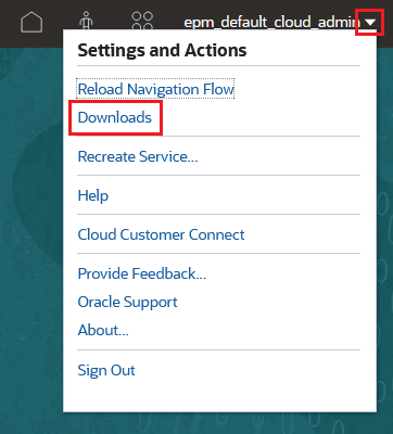 Setting and Actions drop-down with Downloads selected
