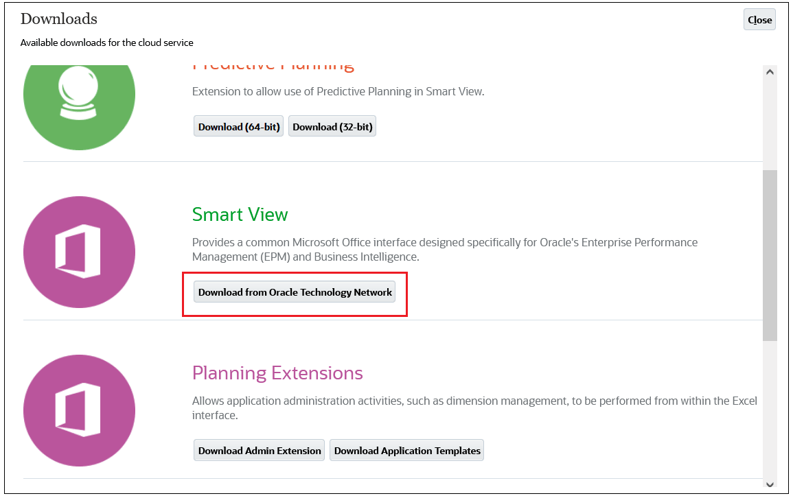 Dowloads page with Smart View selected