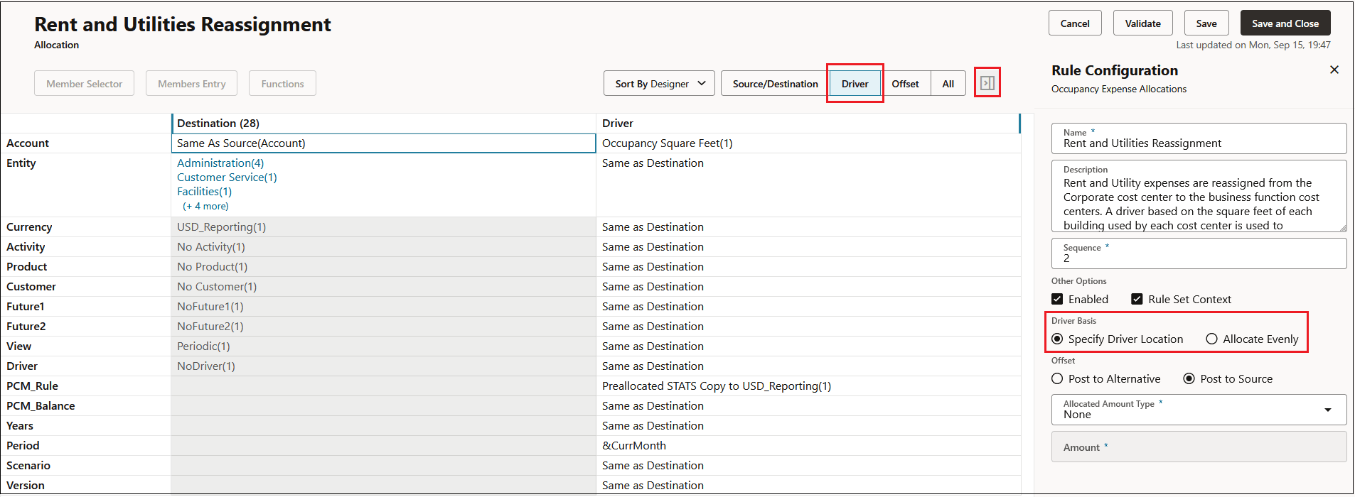Driver tab showing the Driver Basis options in the Rule Configuration panel Driver tab showing the Driver Basis options in the Rule Configuration panel