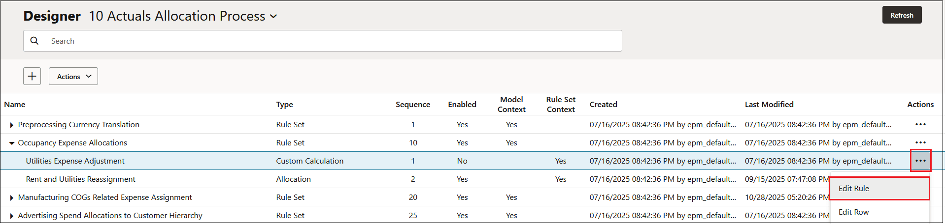 Sample rule highlighed with Edit Rule selected in the drop-down menu