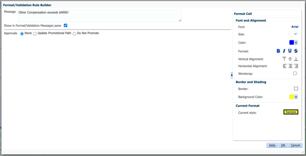 Image showing format cell properties in the format/validation rule builder