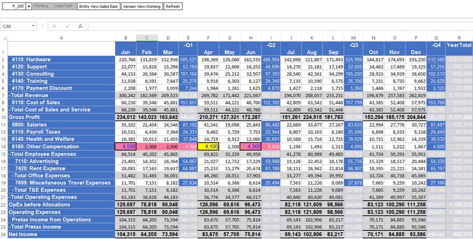 Image showing a Smart View runtime data grid with rules applied illustrating the order of precedence