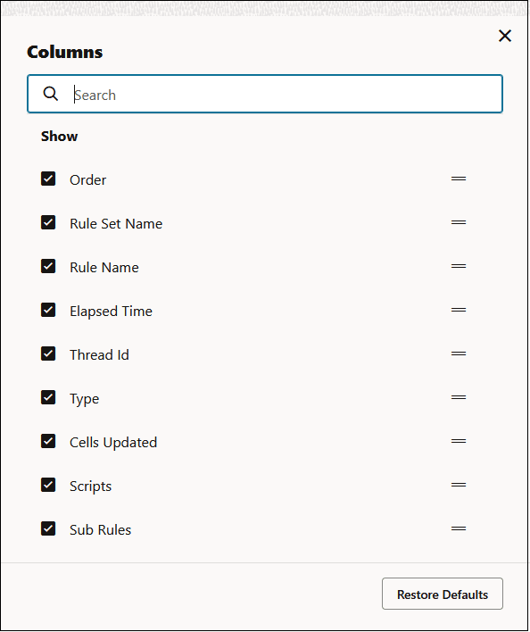 Sample Job Dashboard showing the column selection drop-down