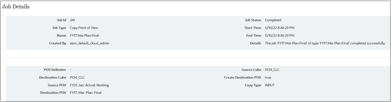 Job details for a Copy Point of View job
