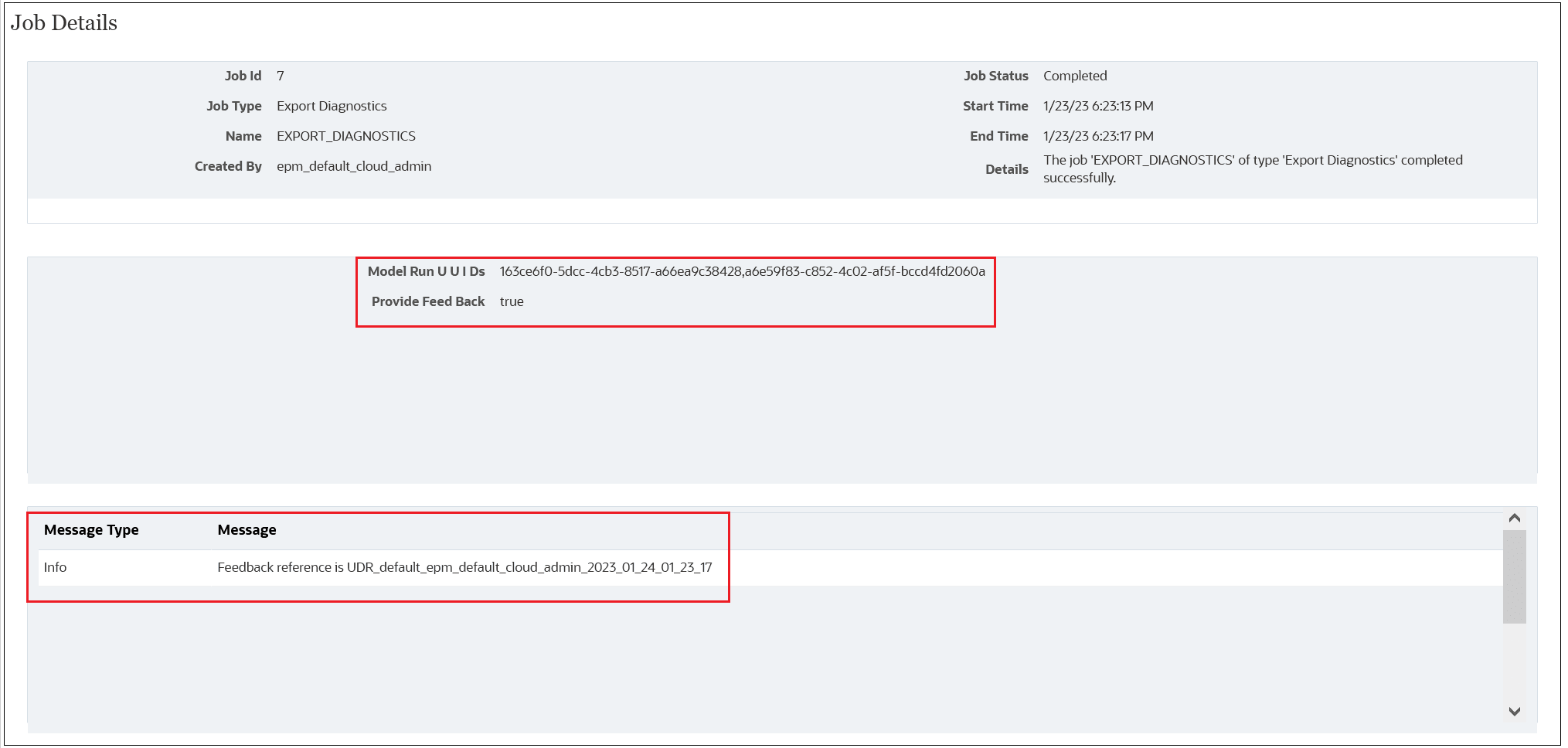 Job Details screen with Provide Feedback information listed in the Message section