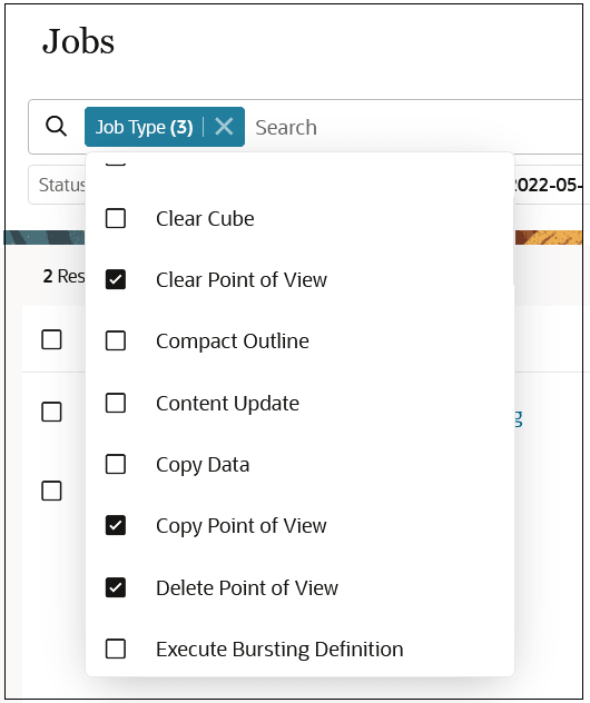 Jobs console with the Point of View jobs highlighted in the Job Type drop-down