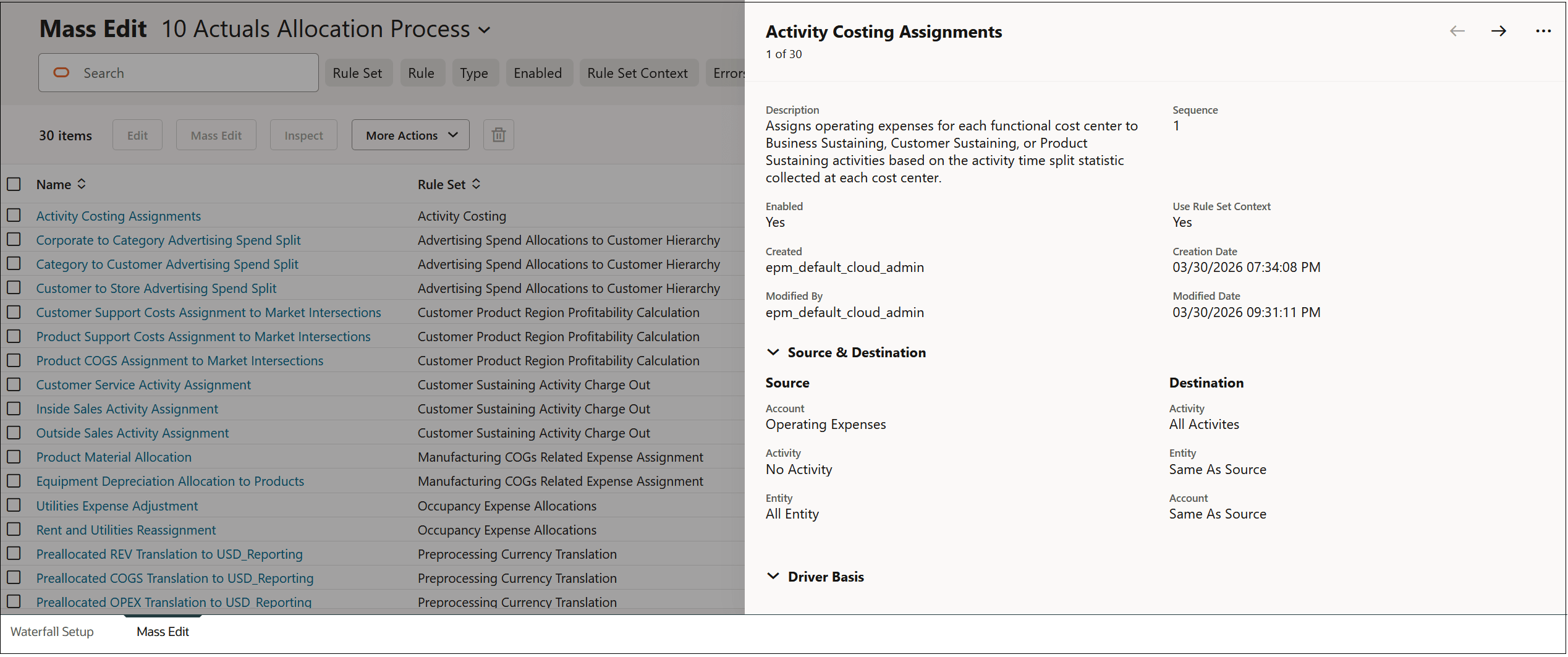 Mass Edit tab with detailed information about the Activity Costing Assignment rule displayed