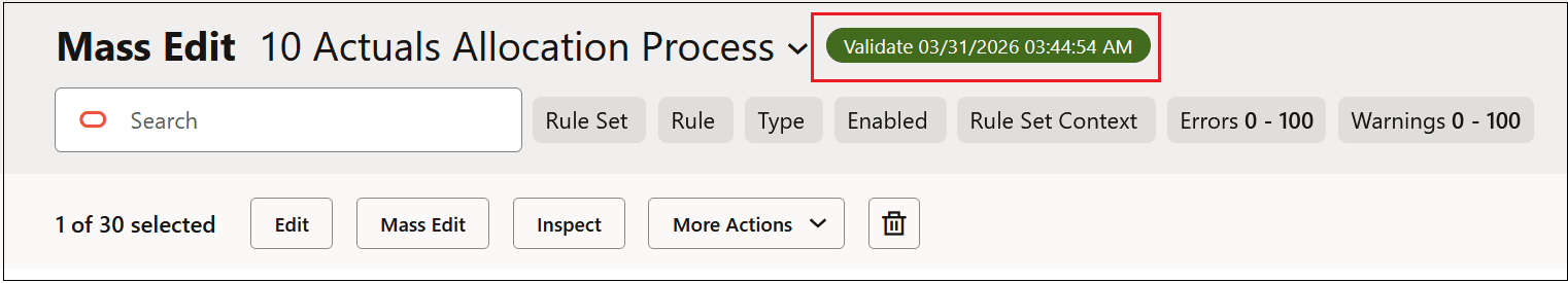 Mass Edit tab with a messaged saying the model was validated