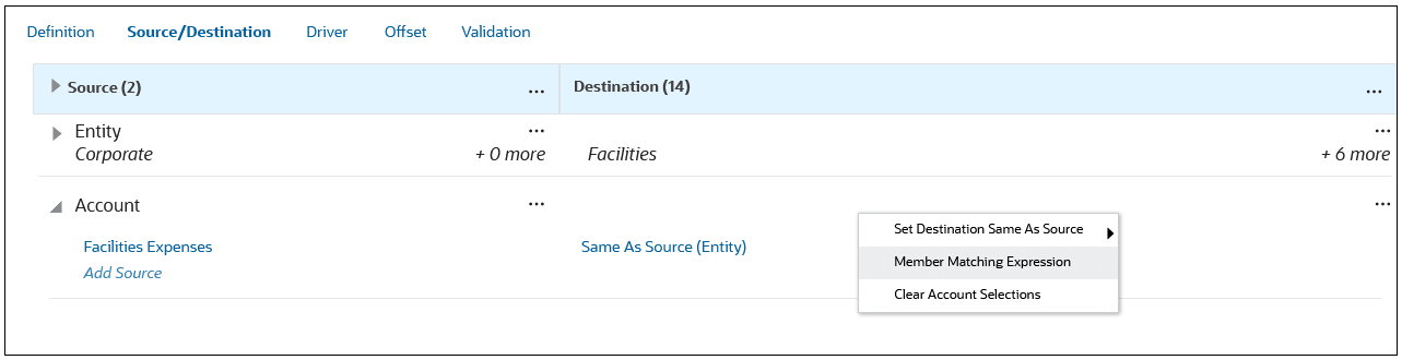 Source/Destination page with the Entity and Account dimensions and Member Matching Expression selected