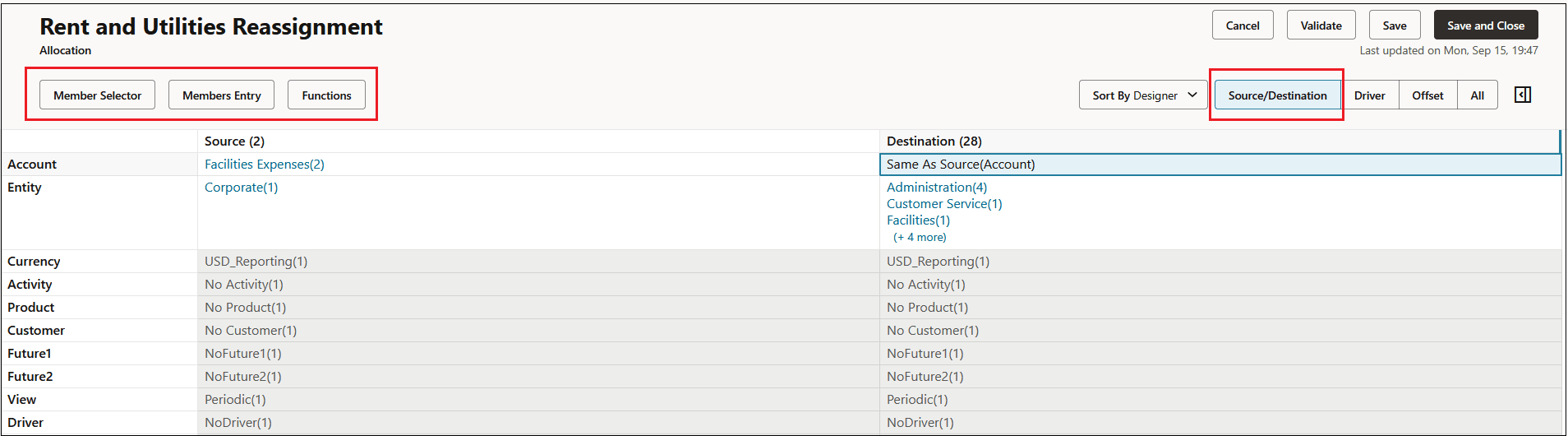 Sample Allocation rule Source/Destination tab