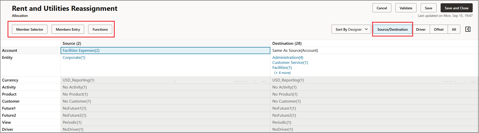Sample Allocation rule Source/Destination tab