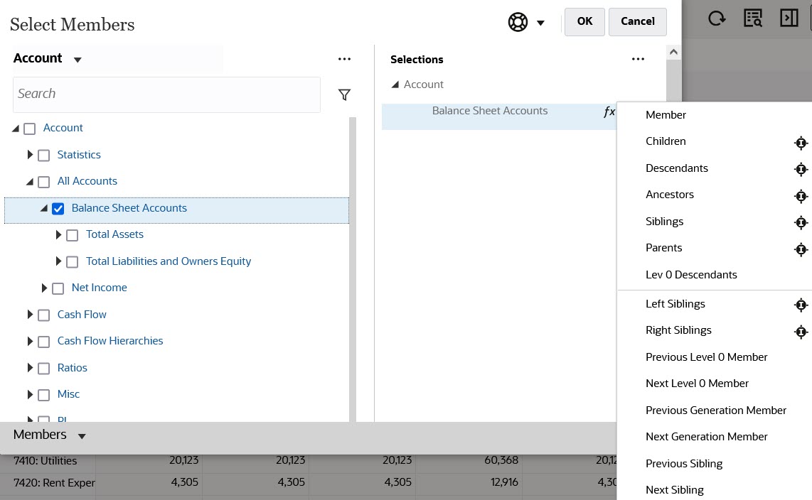 Using the Function Selector in the Selections page