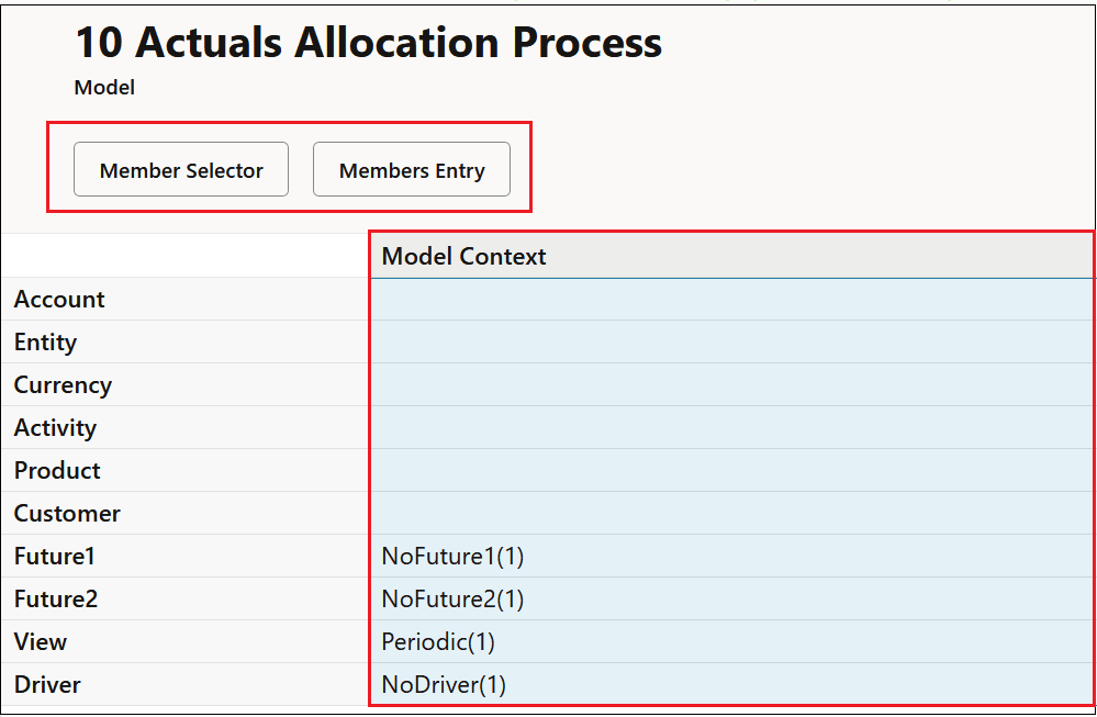 Model Context definition screen with all the dimensions selected