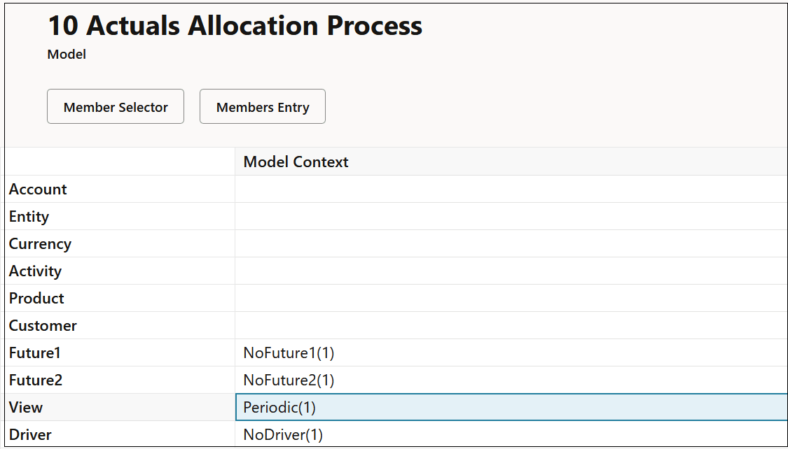 Sample model context for the 10 Actuals Allocation model