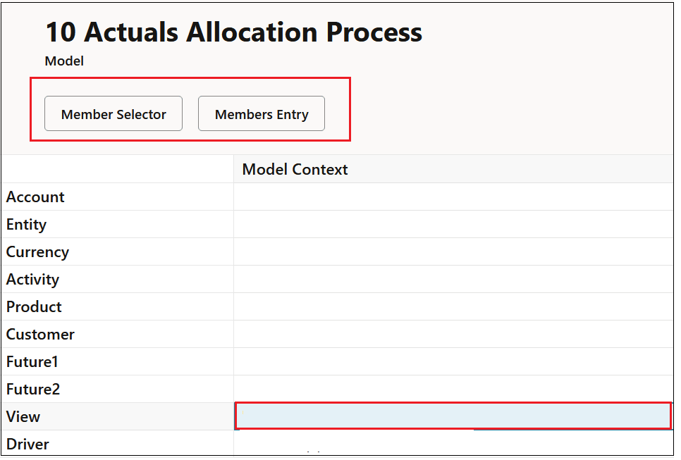 Model Context definition screen with the View dimension selected