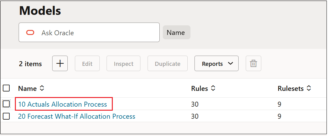 Models screen showing the 10 Actuals Allocation Model selected