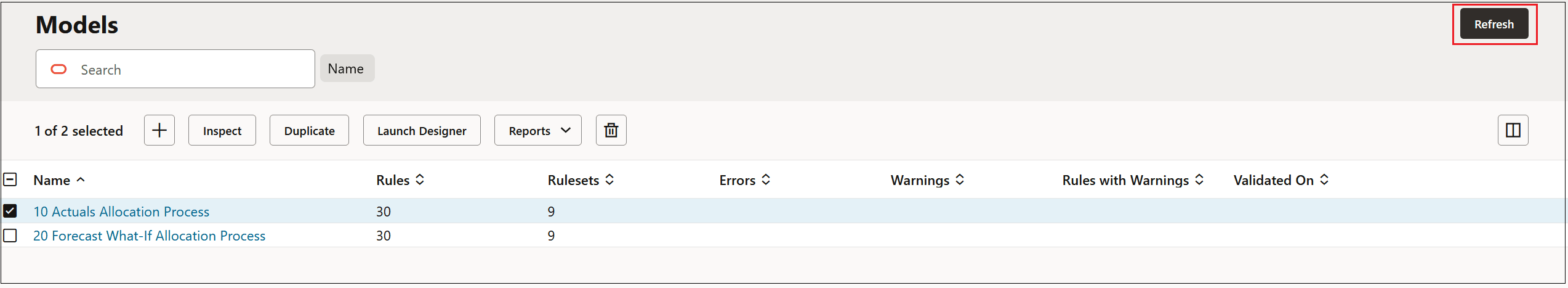 Models page with the Referesh button highlighted