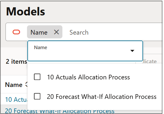 Models page with Name in the Search text area
