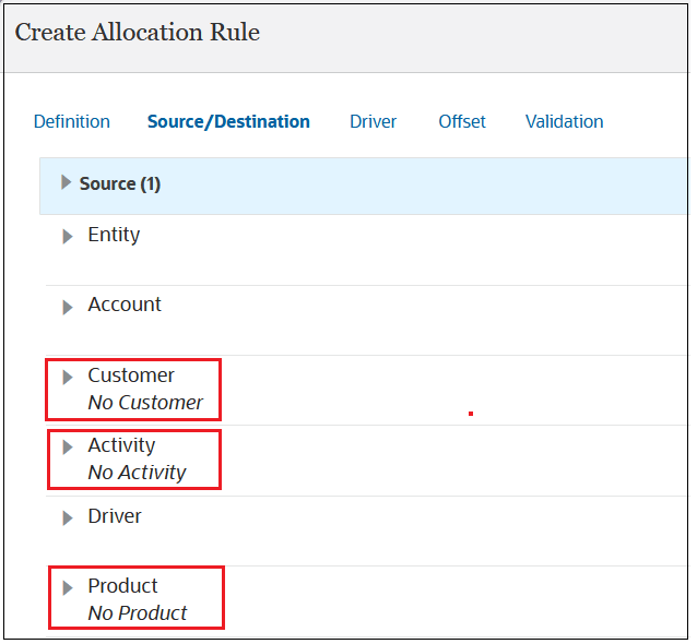Create Allocation Rule dialog box with No Customer, No Activity, and No Product selected for the dimensions Create Allocation Rule dialog box with No Customer, No Activity, and No Product selected for the dimensions