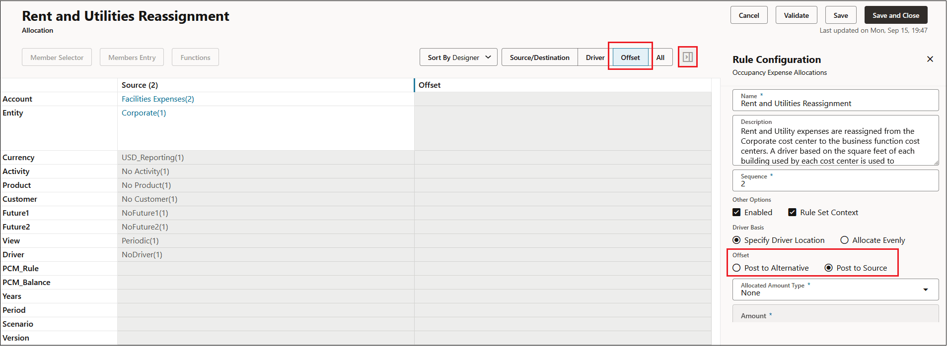 Offset tab showing the Offset options in the Rule Configuration panel Offset tab showing the Offset options in the Rule Configuration panel