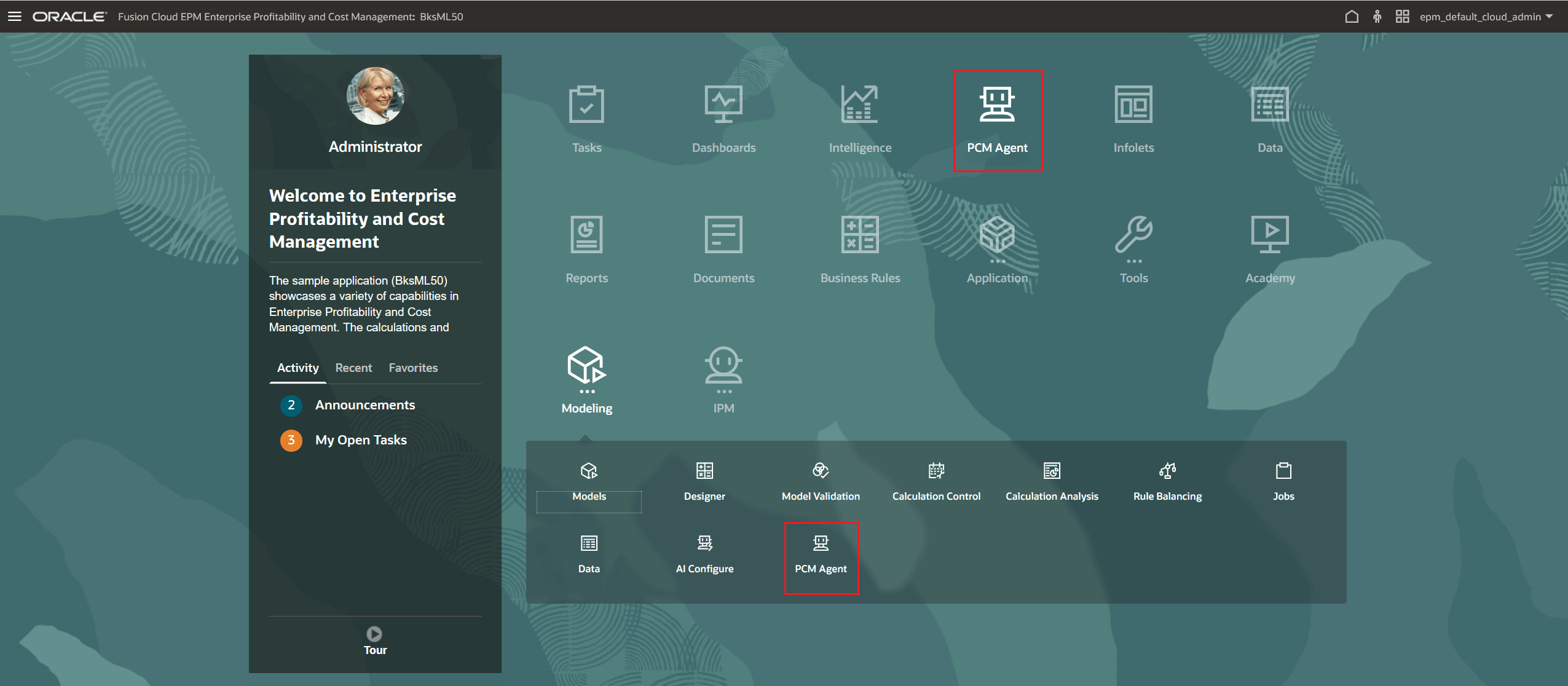 Home page with the PCM Agent card highlighted