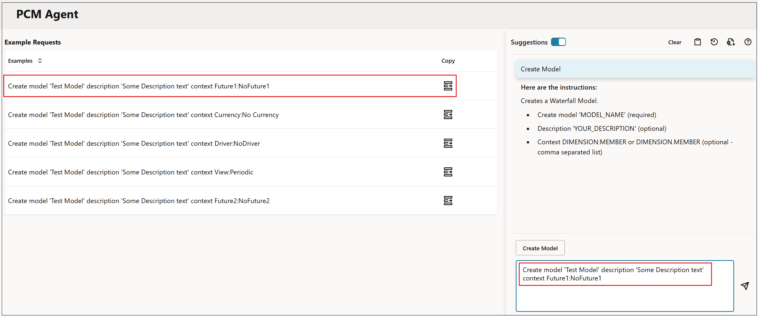 PCM Agent page showing example requests and and suggestions for creating a model