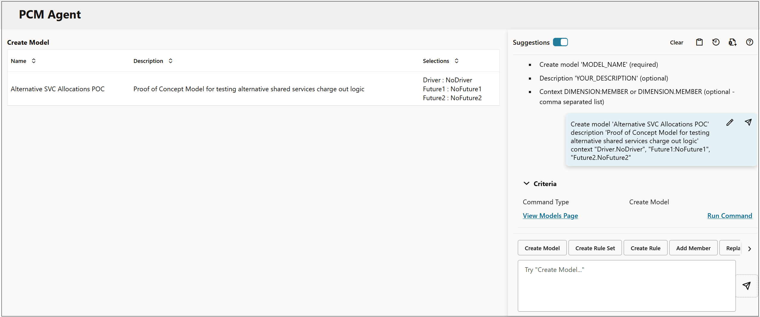 PCM Agent page showing a request to create a model