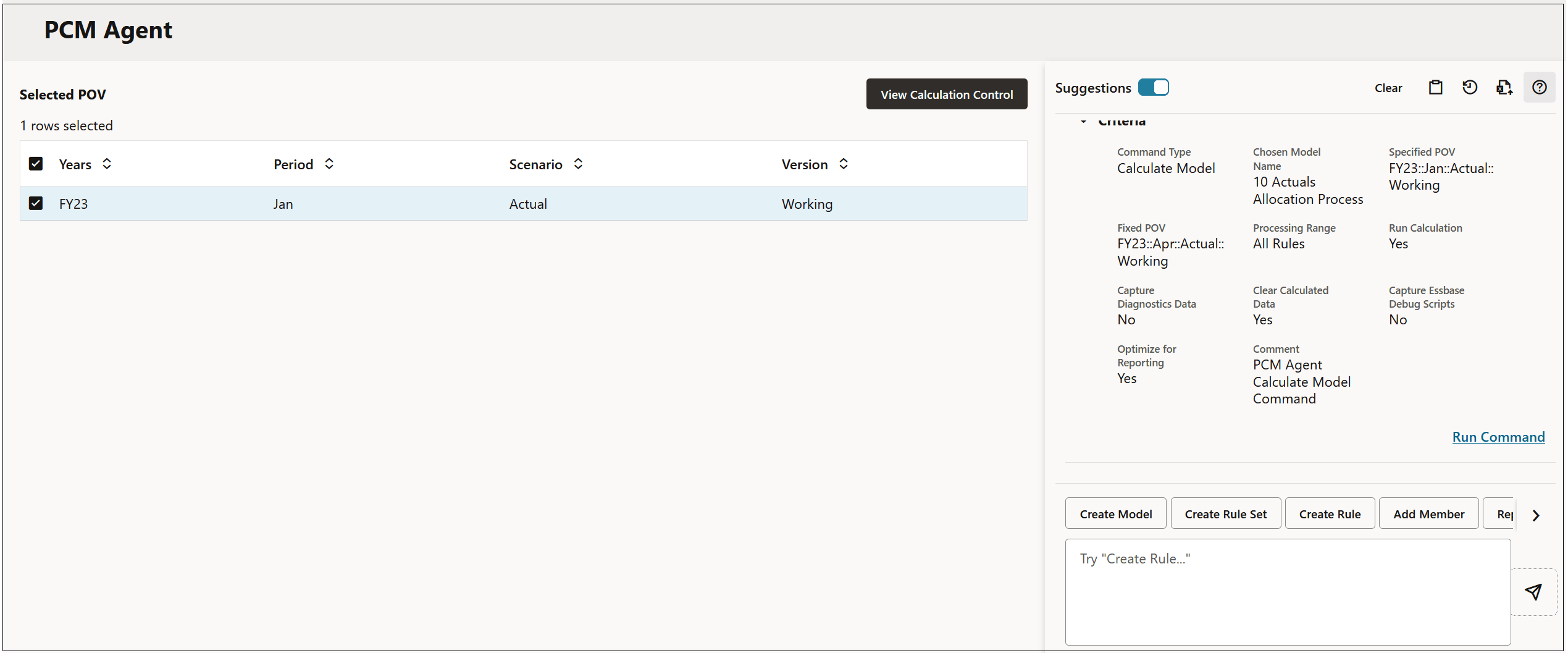 PCM Agent page showing the user request to run a calculation