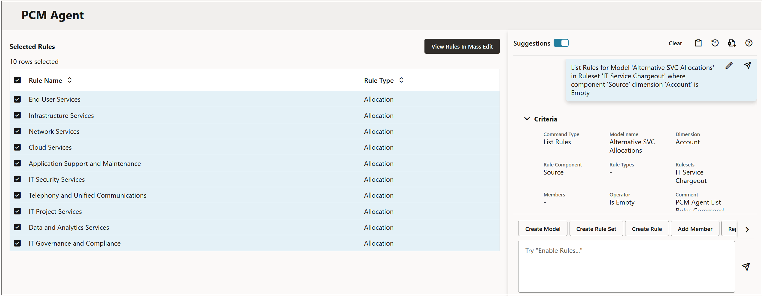 PCM Agent page showing the user request to list rules