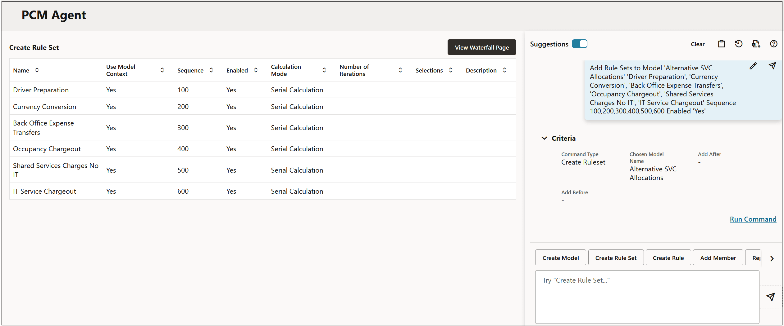PCM Agent page showing the user request to add rules sets to a model