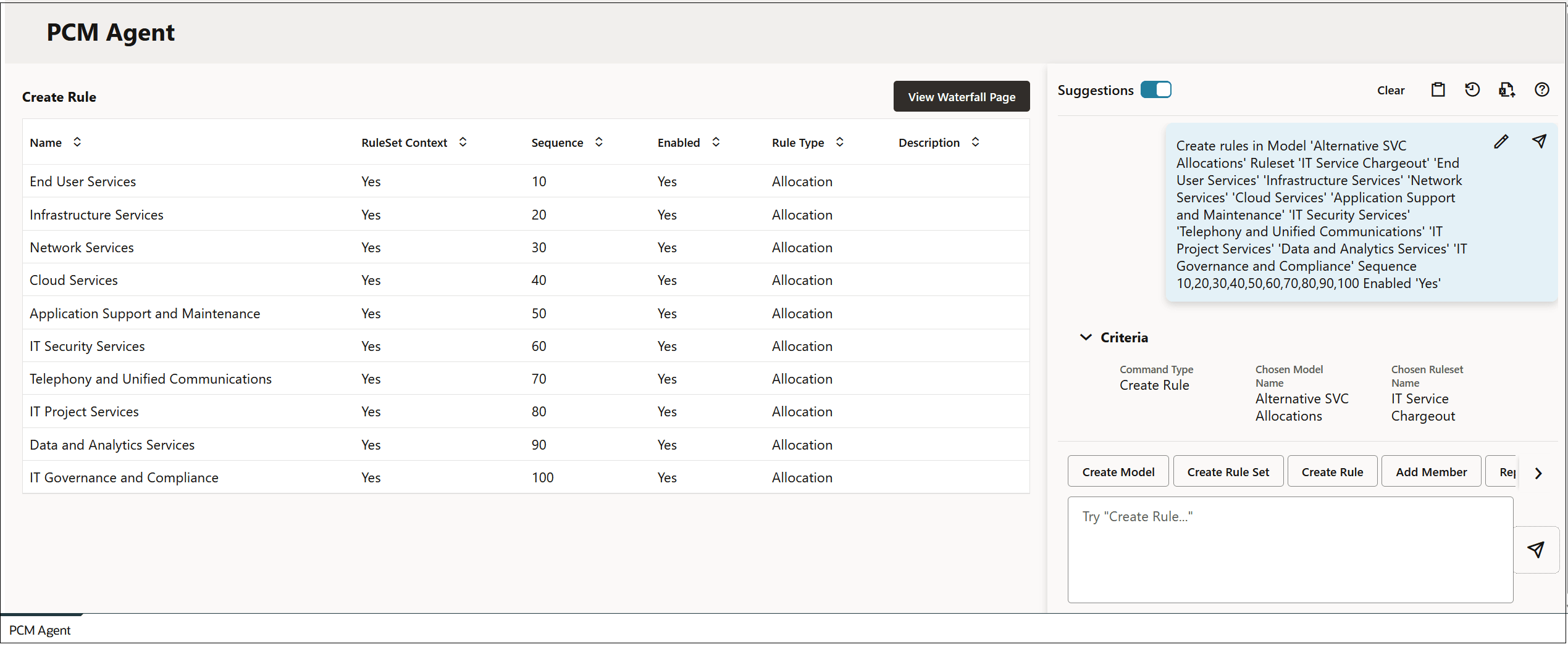 PCM Agent page showing the user request to add rules