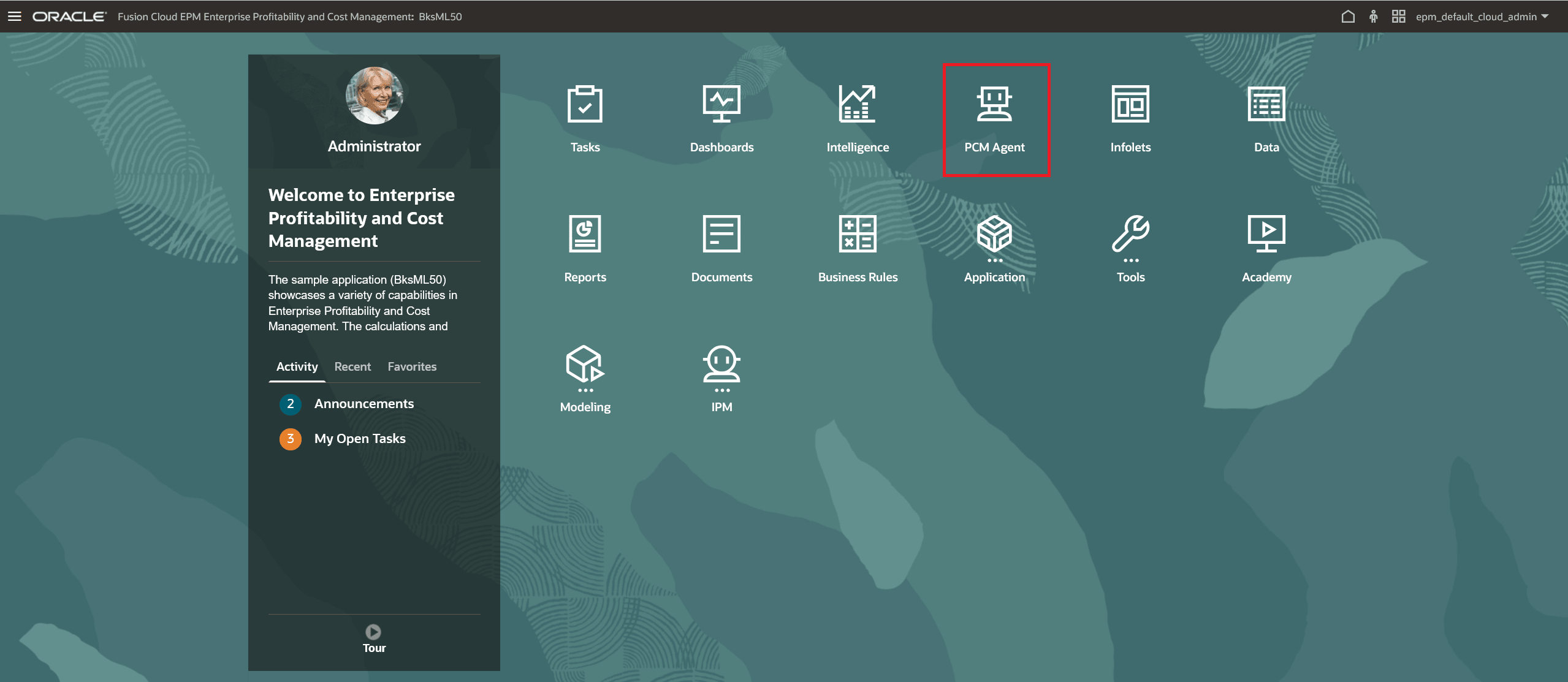 Enterprise Profitability and Cost Management Home page with the PCM Agent card highlighted Enterprise Profitability and Cost Management Home page with the PCM Agent card highlighted