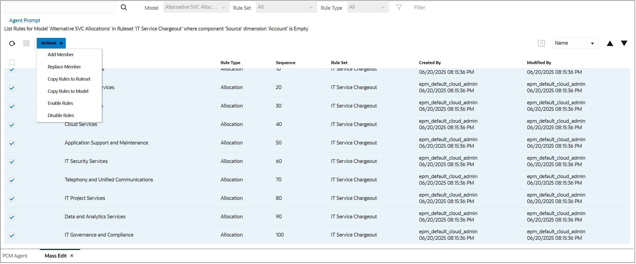 Mass Edit tab showing the result of the user request to list rules