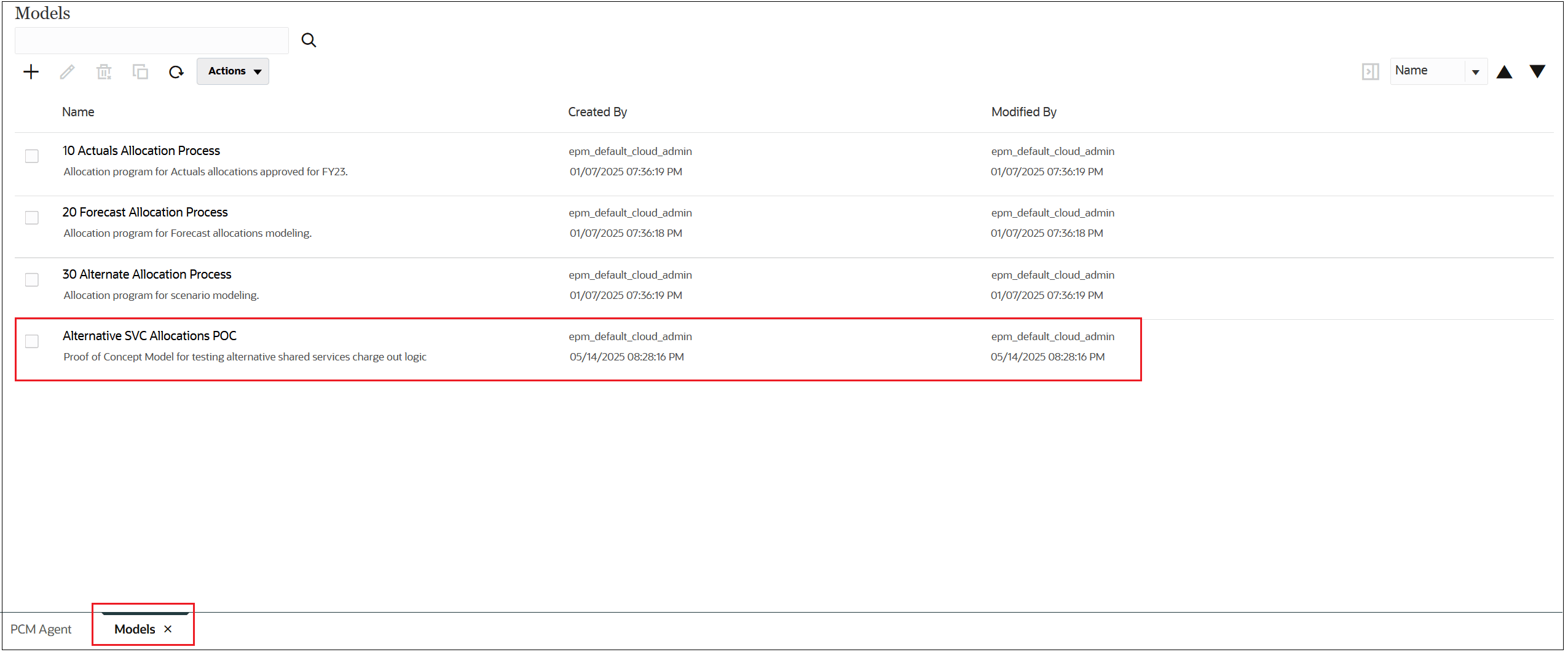 PCM Agent with the Models tab showing the model that was just created
