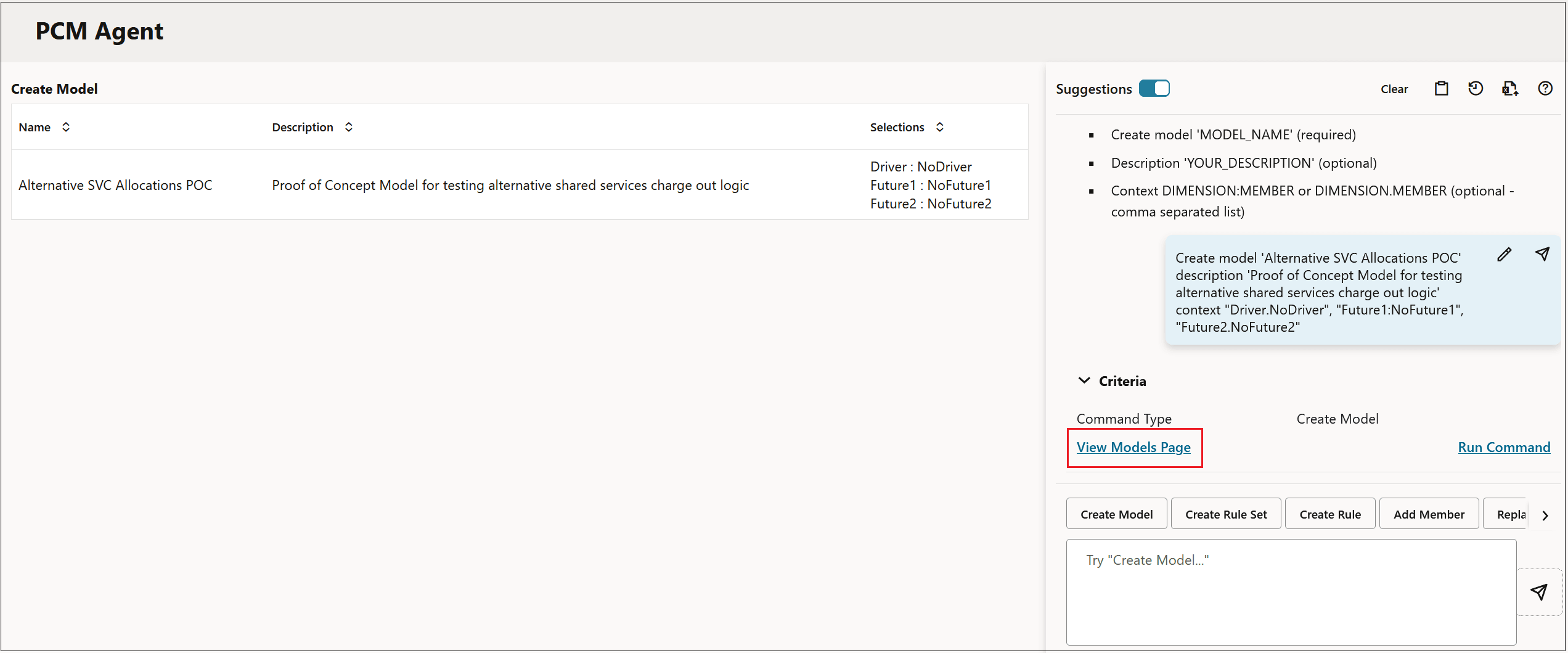 PCM Agent page with the View Models Page button highlighted
