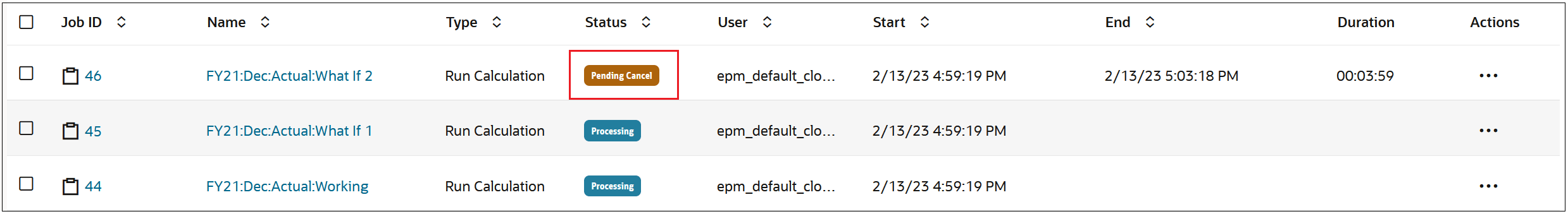 Jobs Console showing a job with a Pending Cancel status Jobs Console showing a job with a Pending Cancel status