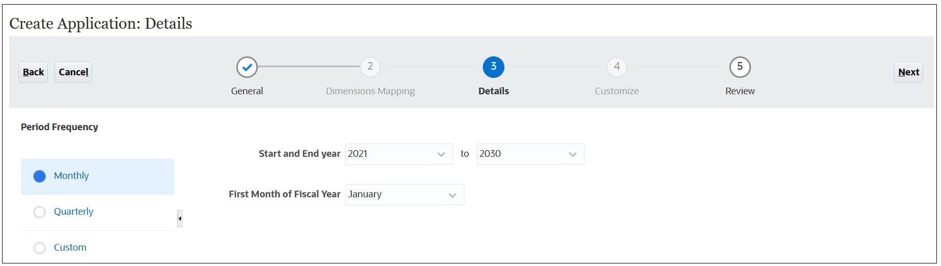 Period Frequency with the Monthly option selected