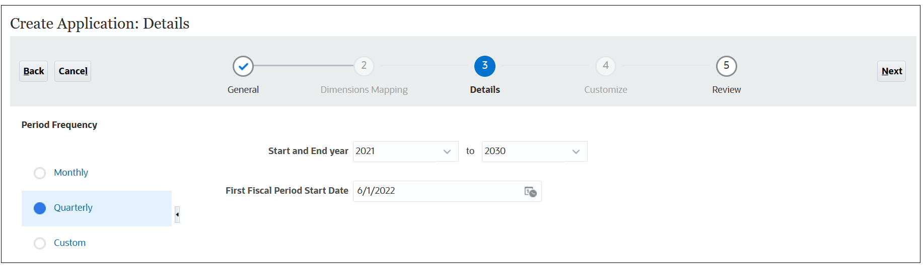 Period Frequency with the Quarterly option selected